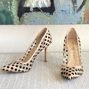 Katy Perry The Sissy Pumps Tan Black Velvet Polka Dot Mesh Heels Women’s Sz 7.5